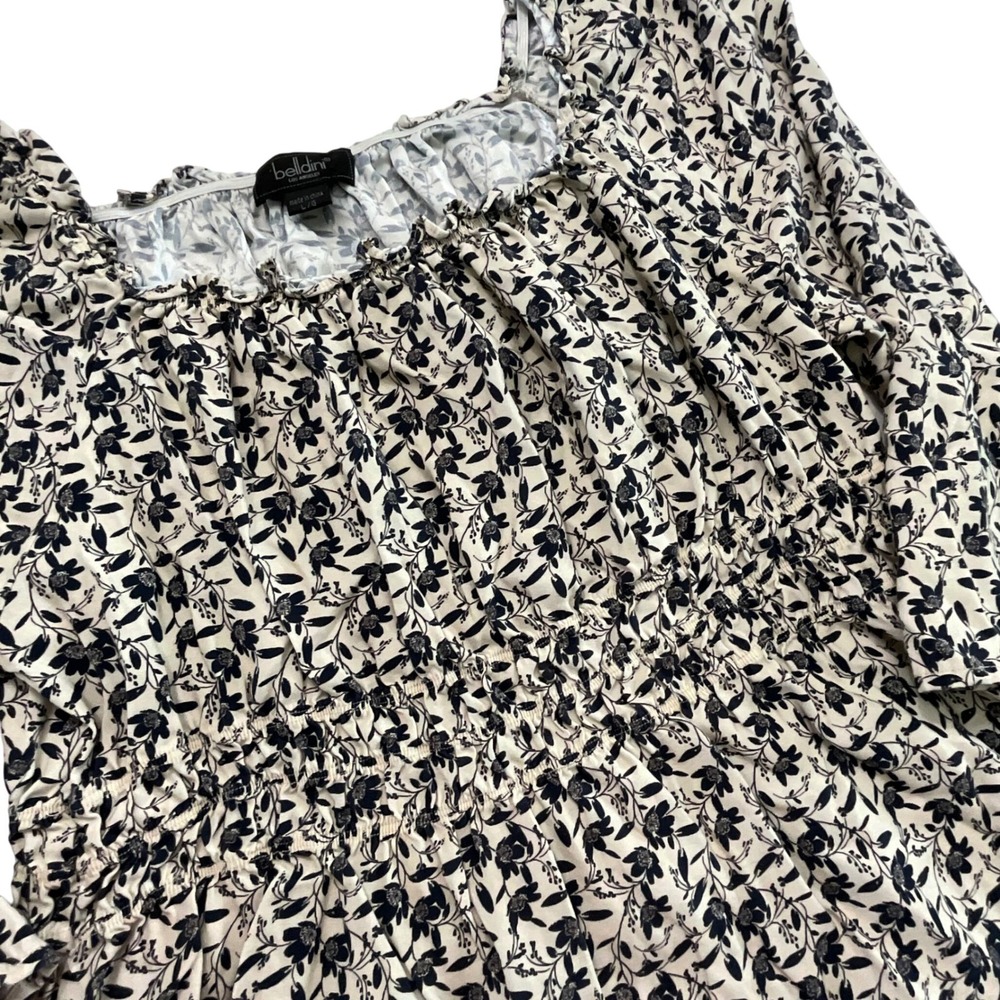 BellDini‎ Floral Smocked Top Women's L/G Long Sleeve Square Neck Ivory Black
